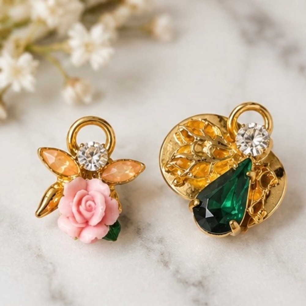 Gold Tone Angel Pin Set Pink Rose Green Crystal Wings Lapel Brooch Duo